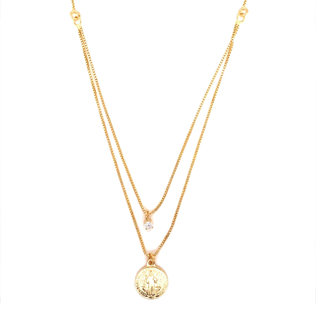 19" Layered Box Chain with CZ and St. Benedict Charms - Gold Filled