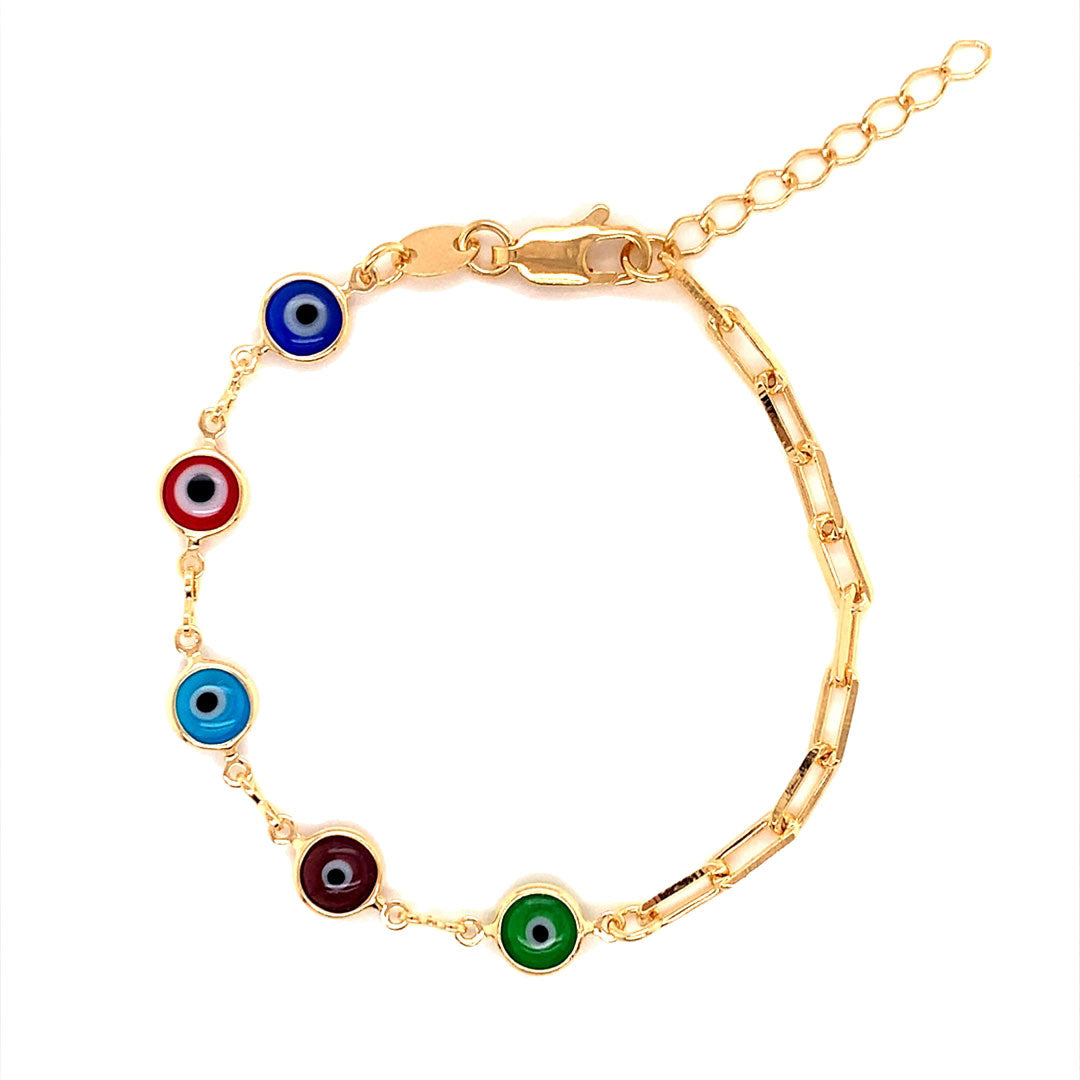 Evil Eye & Paperclip Bracelet. 6.5" + 1" Extension - Gold Filled