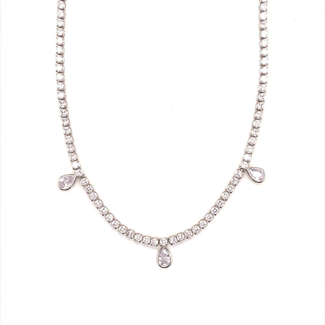 15" Tennis Necklace with CZ Teardrops with 2" Extension - Silver Plated