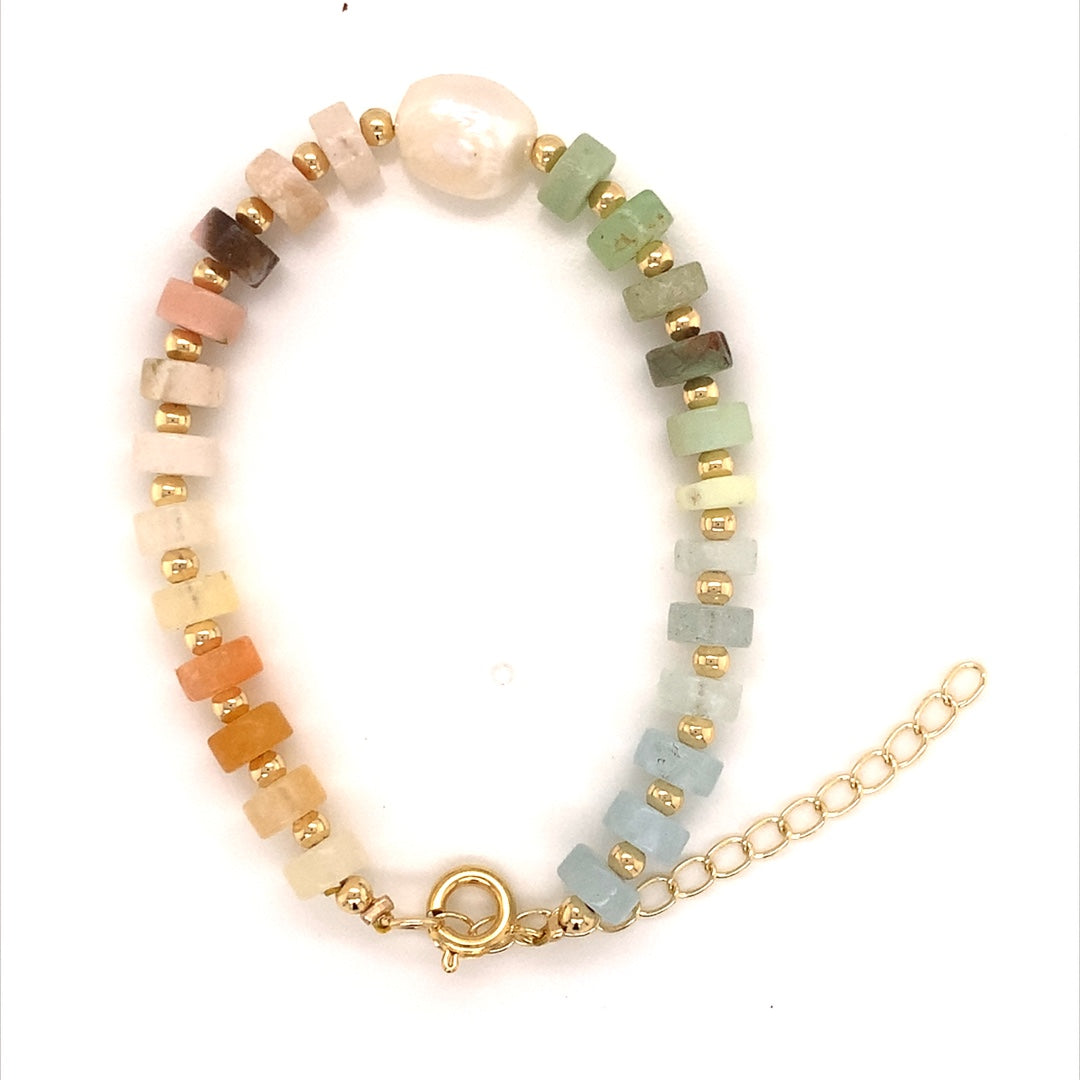 Gradient Gemstone Bracelet with Pearl Accent- 6.5" - Gold Plated