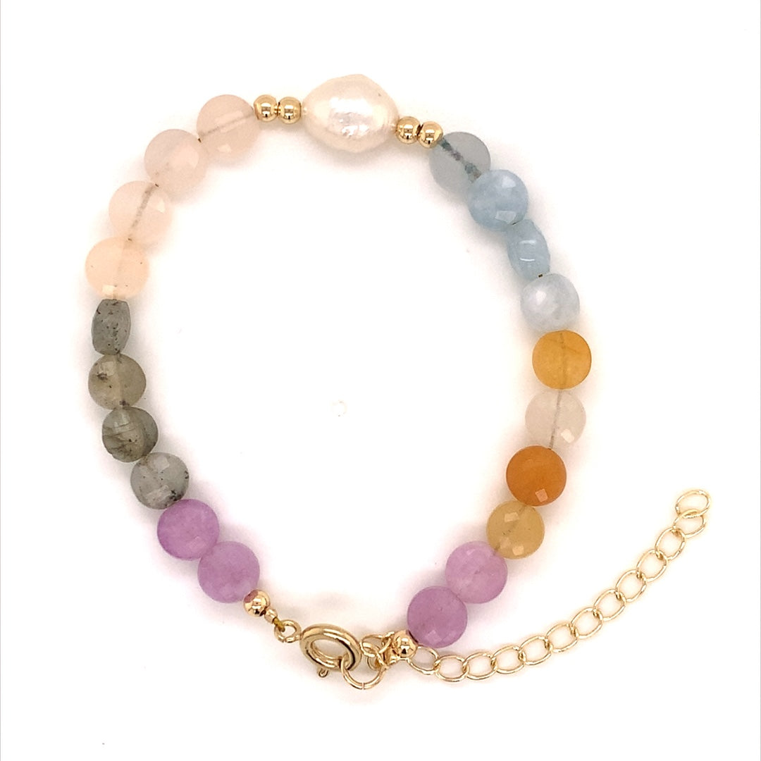 Gradient Gemstone Bracelet with Pearl Accent- 6.5" - Gold Plated