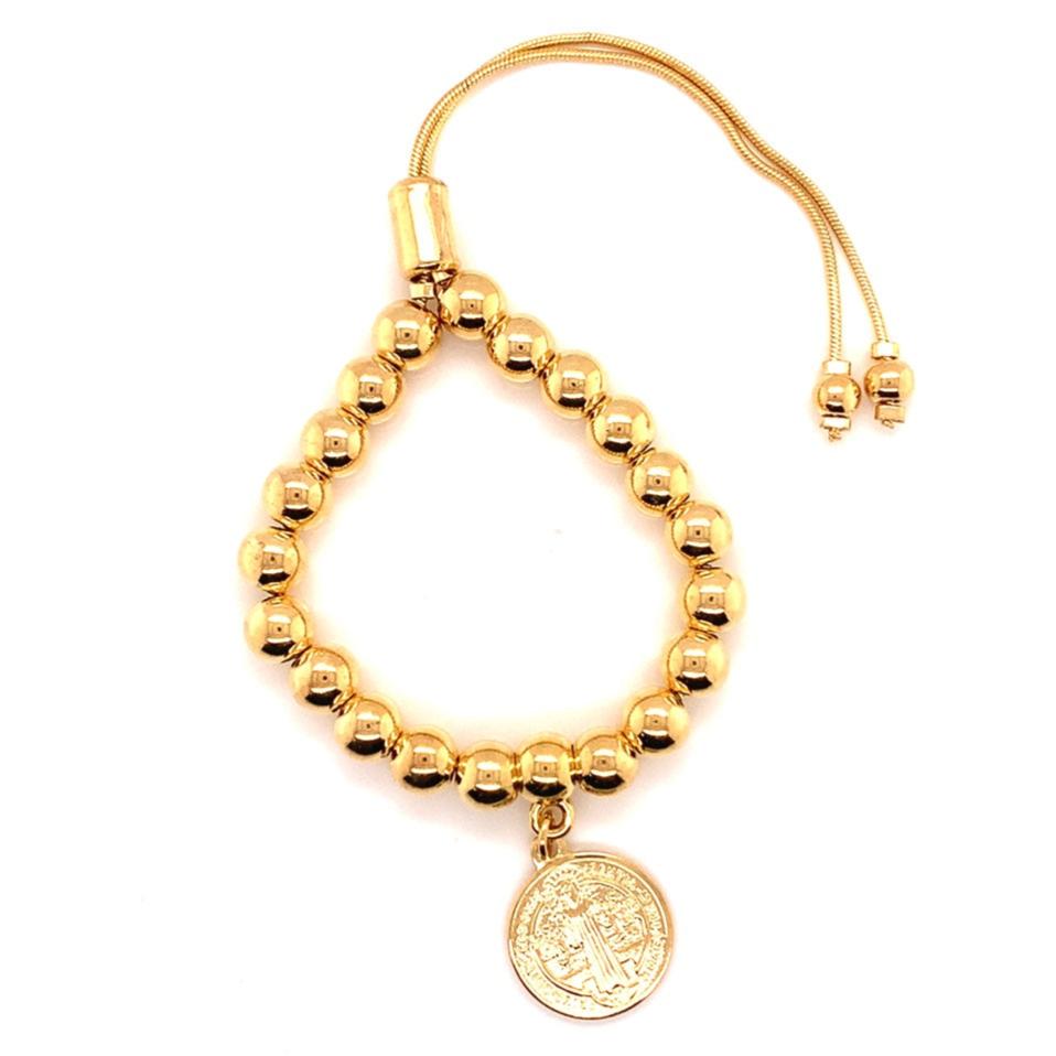 6mm Gold Filled Adjustable Beaded Bracelet with Saint Benedict Charm
