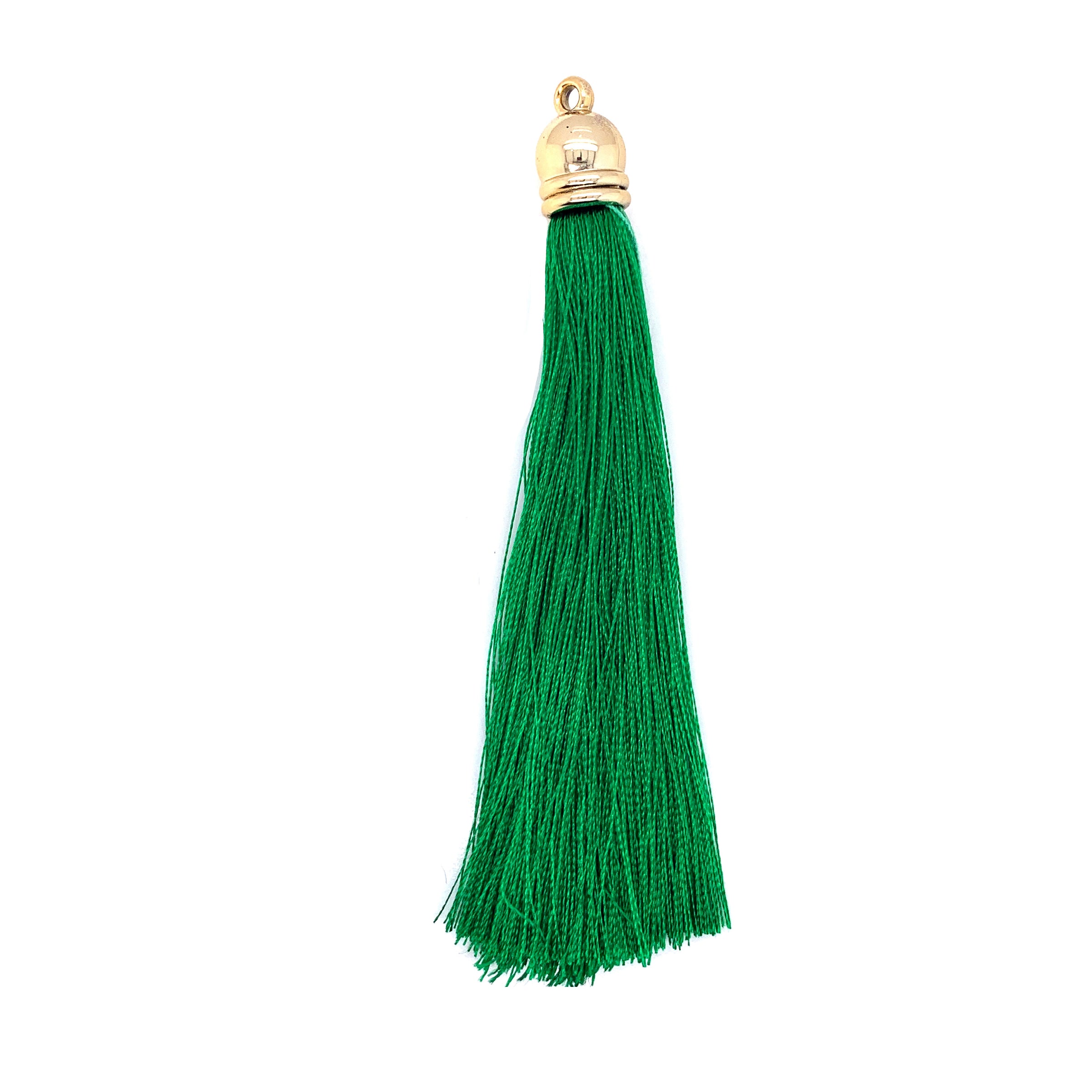 Long Green Polyester Tassel with Gold Cap