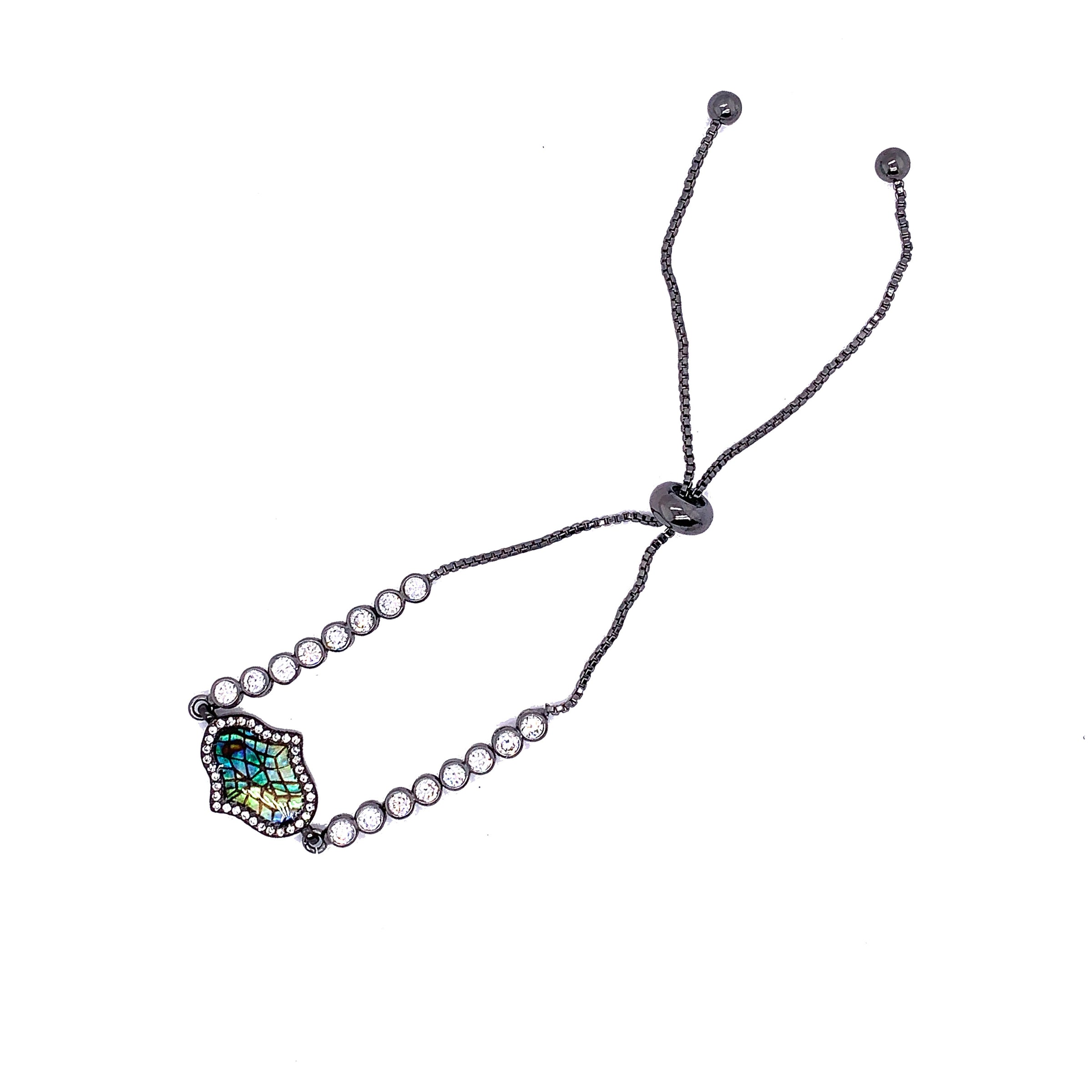 Adjustable CZ Bracelet with CZ Abalone Hamsa Charm - Black Rhodium Plated