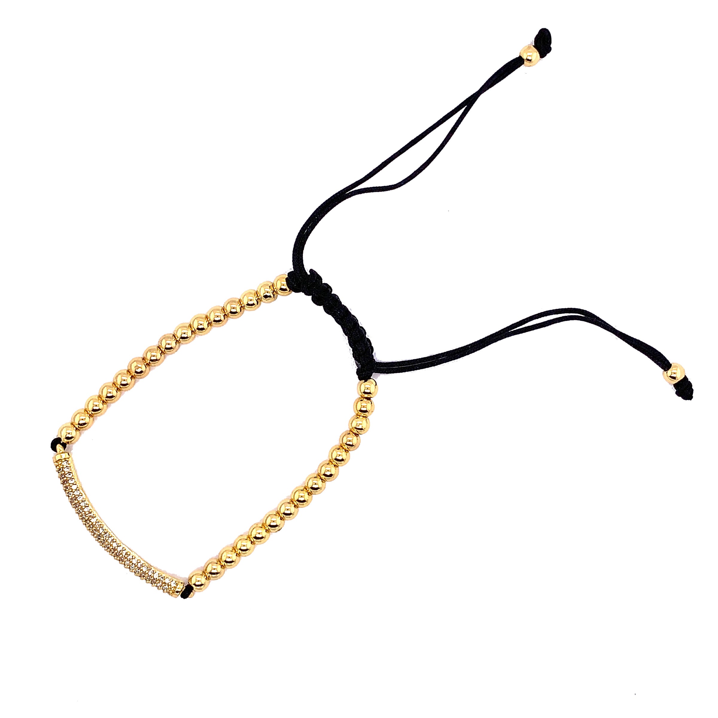 Adjustable Beaded Macrame Bracelet with CZ Bar Charm - Gold Plated