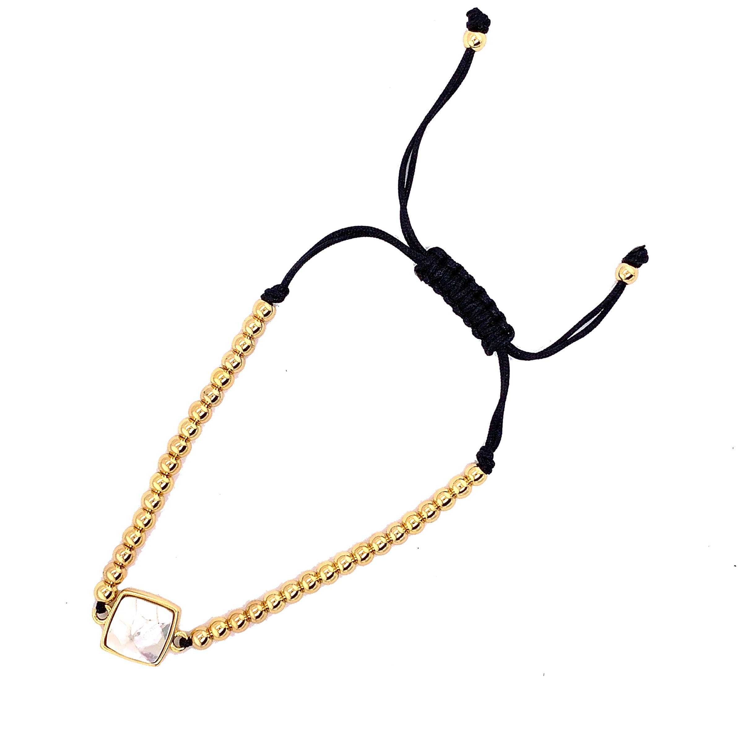 Adjustable Beaded Macrame Bracelet with Pearl Charm - Gold