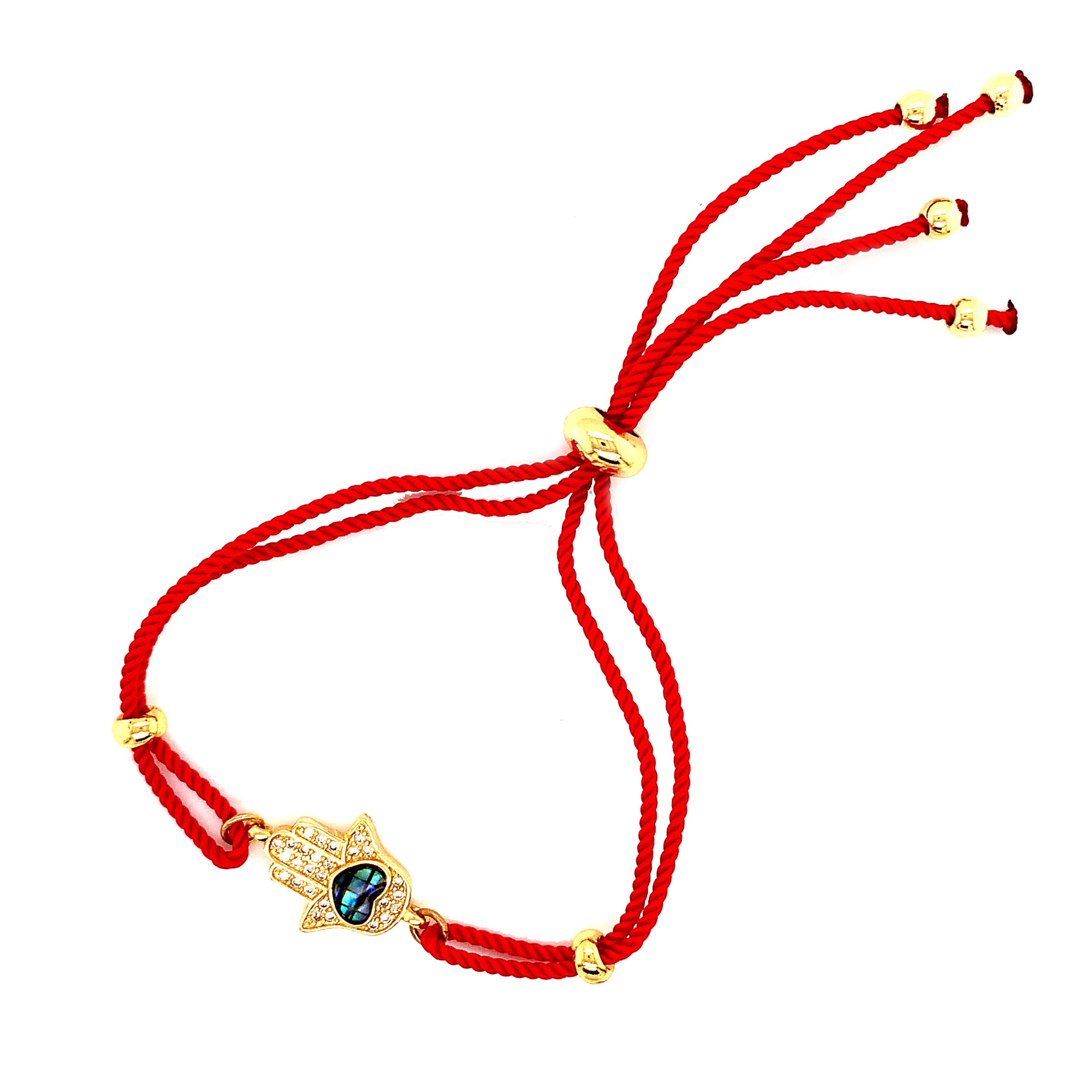 Red Macrame Hamsa with Abalone Heart Bracelet - Gold Plated