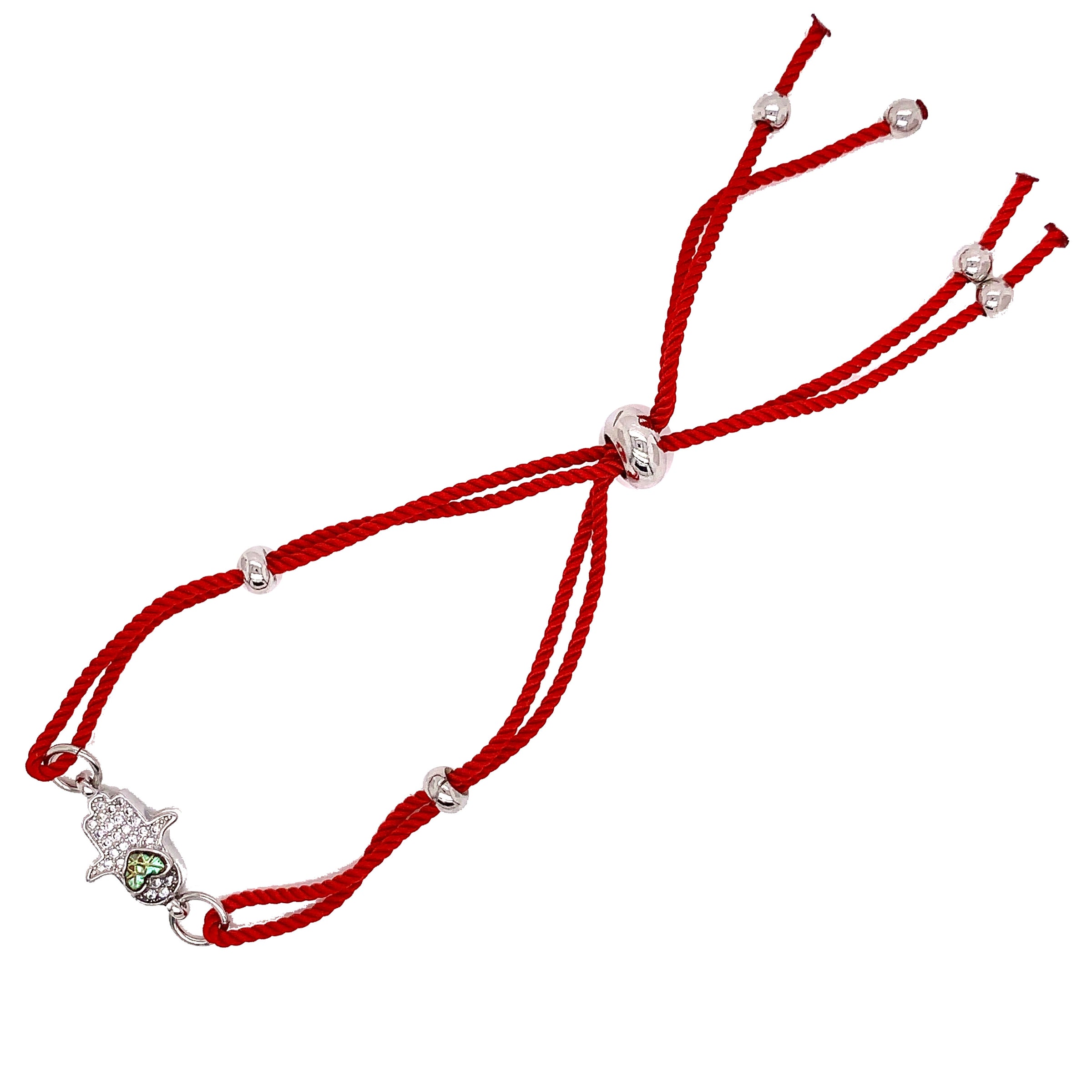 Red Macrame Mini Hamsa with Abalone Heart Bracelet - Silver Plated