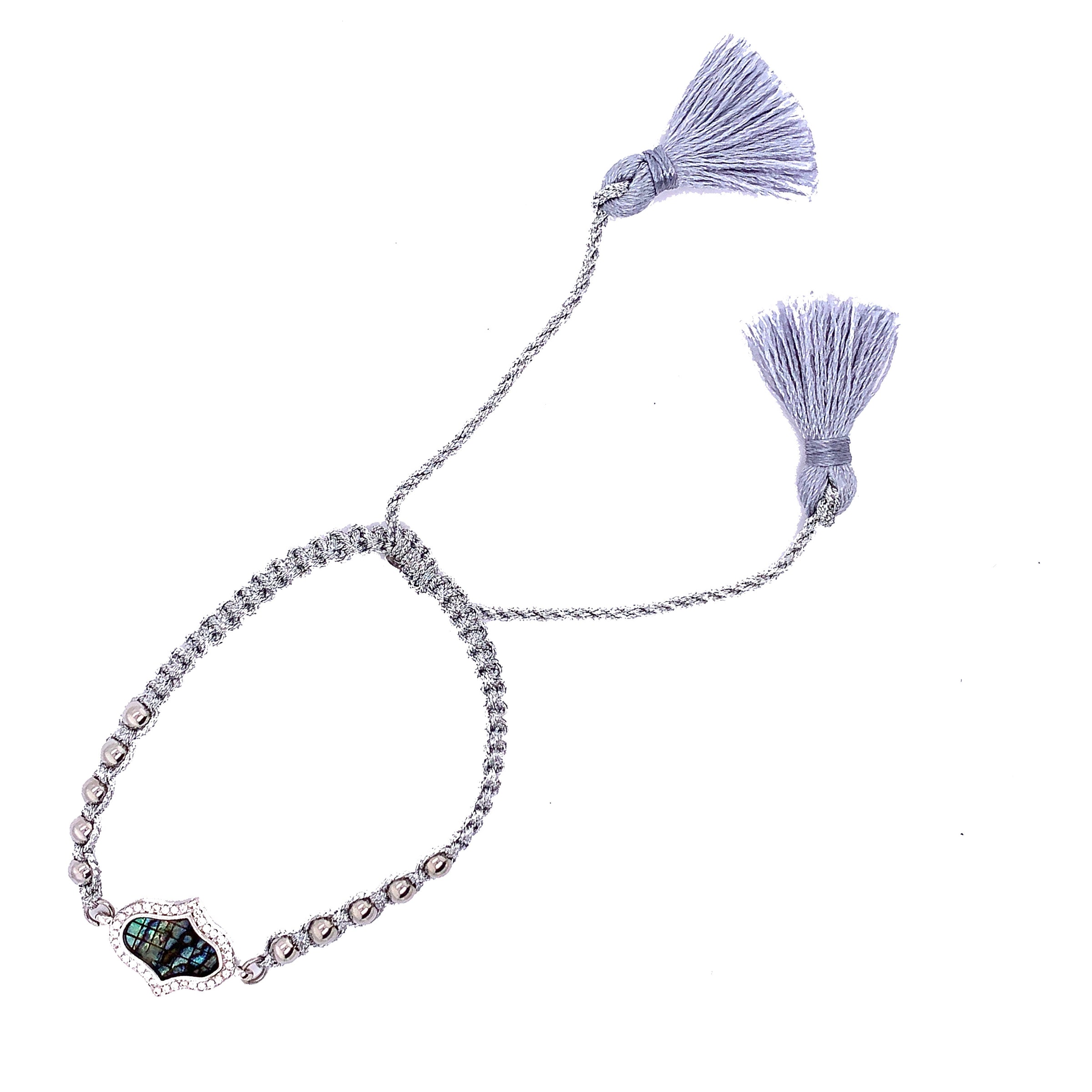 Macrame Bracelet with CZ Abalone Hamsa Charm - Silver Plated