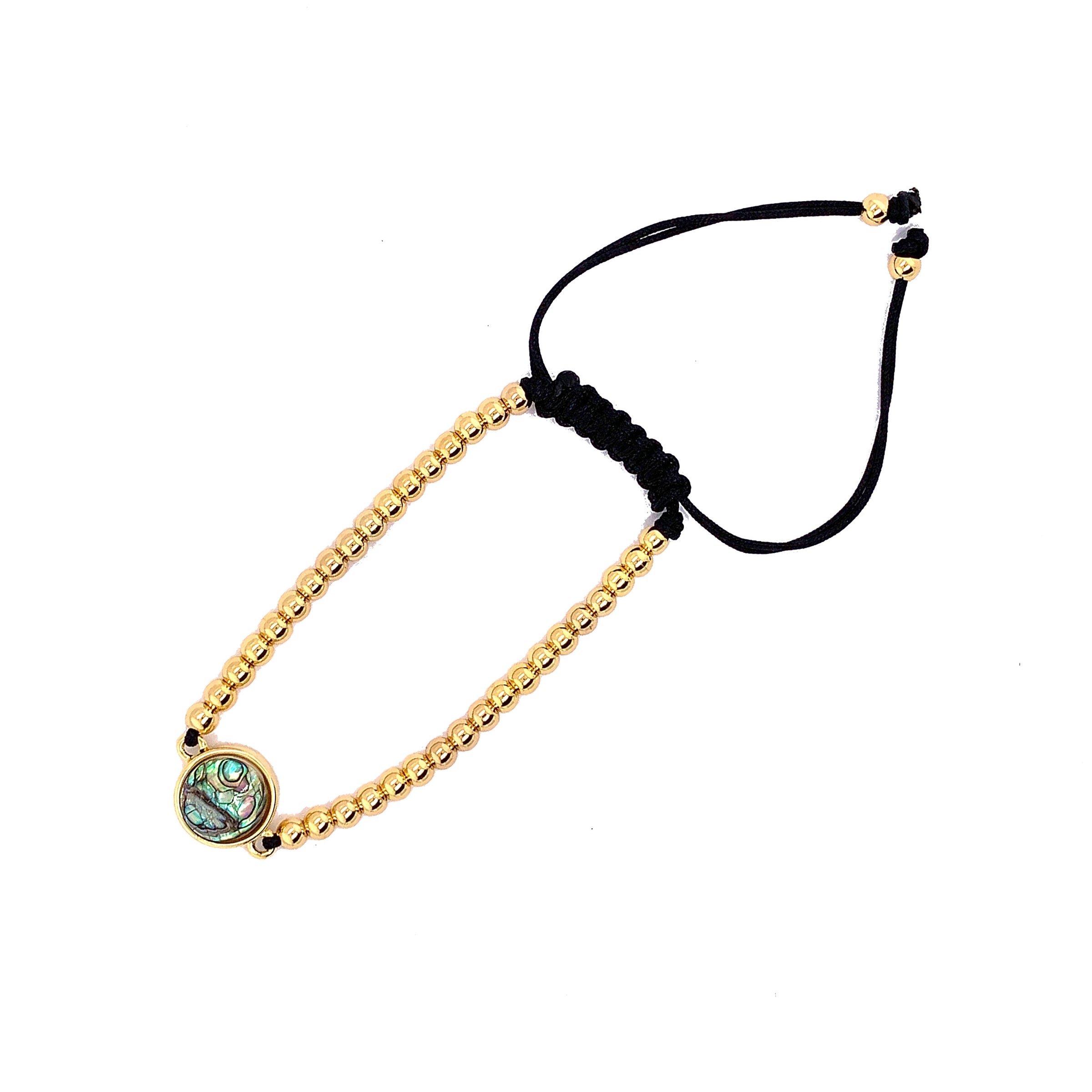 Adjustable Beaded Macrame Bracelet with Round Abalone Charm - Gold Plated
