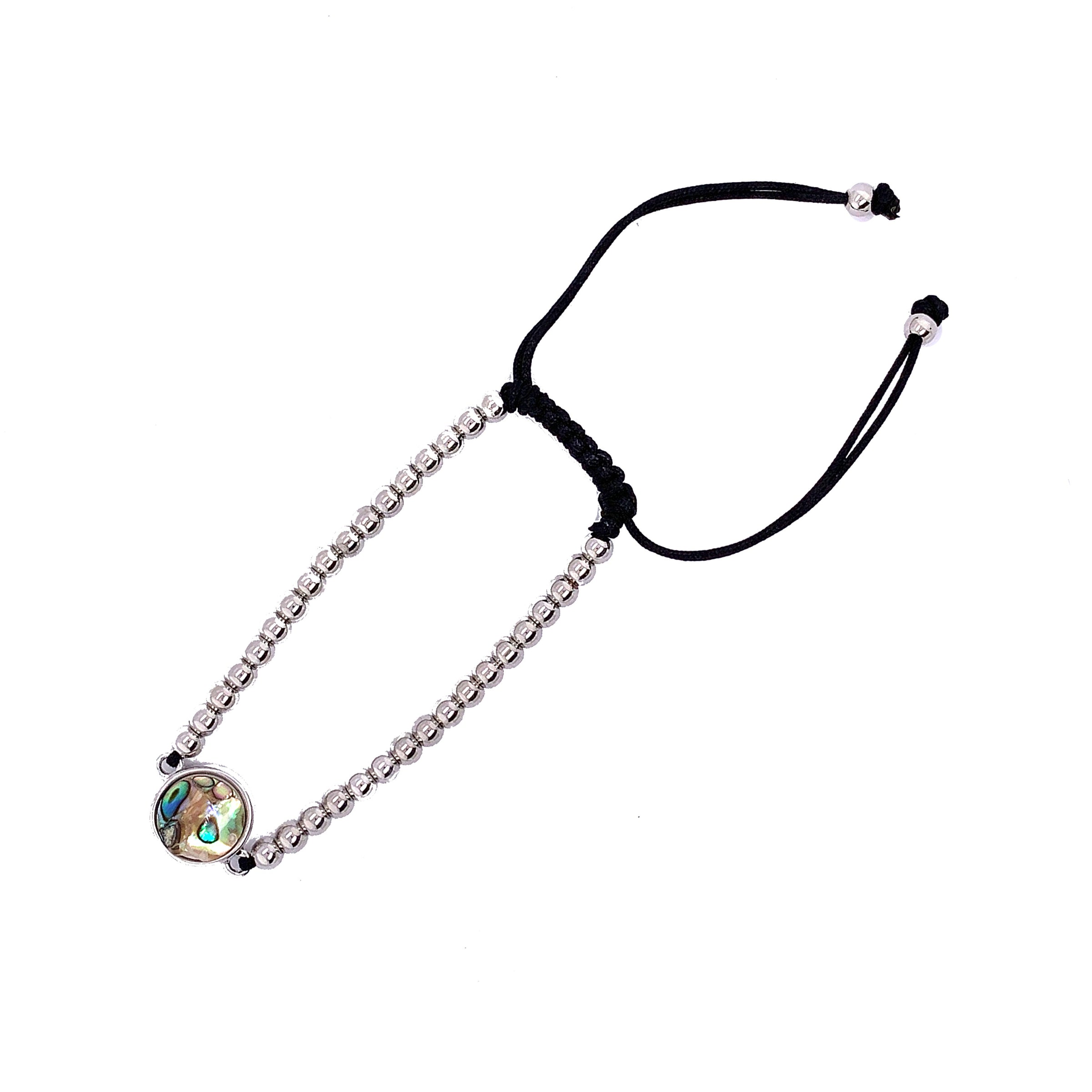 Adjustable Beaded Macrame Bracelet with Round Abalone Charm - Silver Plated