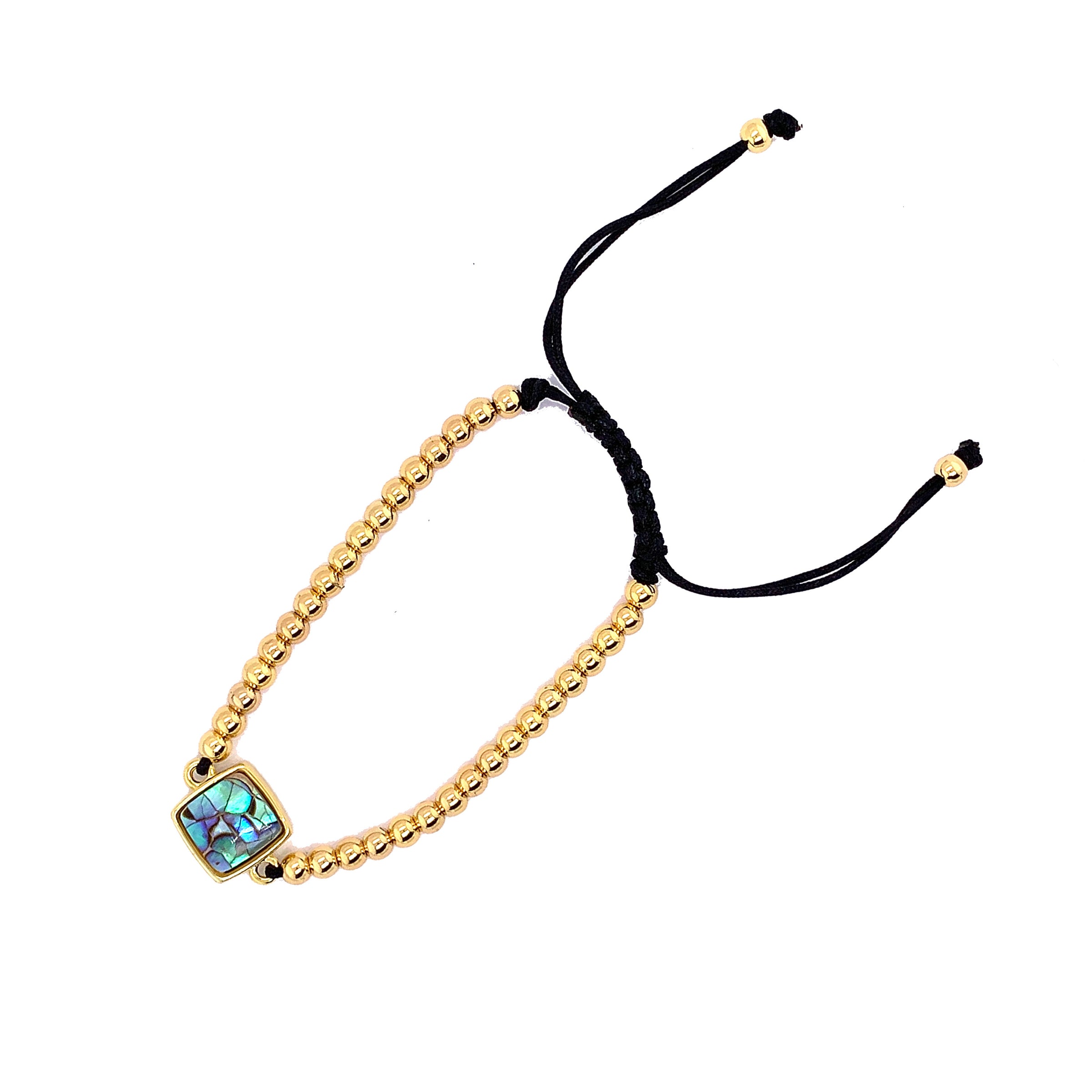 Adjustable Beaded Macrame Bracelet with Square Abalone Charm - Gold Plated
