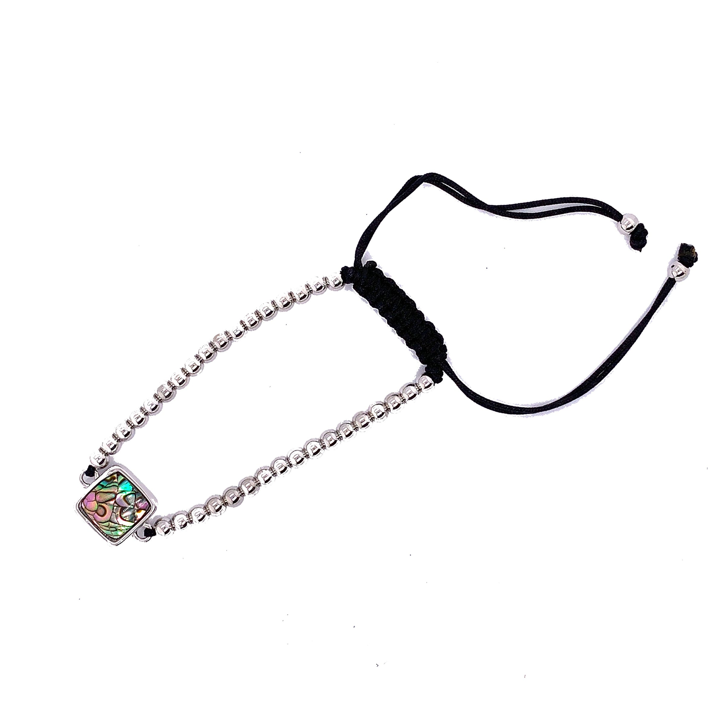 Adjustable Beaded Macrame Bracelet with Square Abalone Charm - Silver Plated