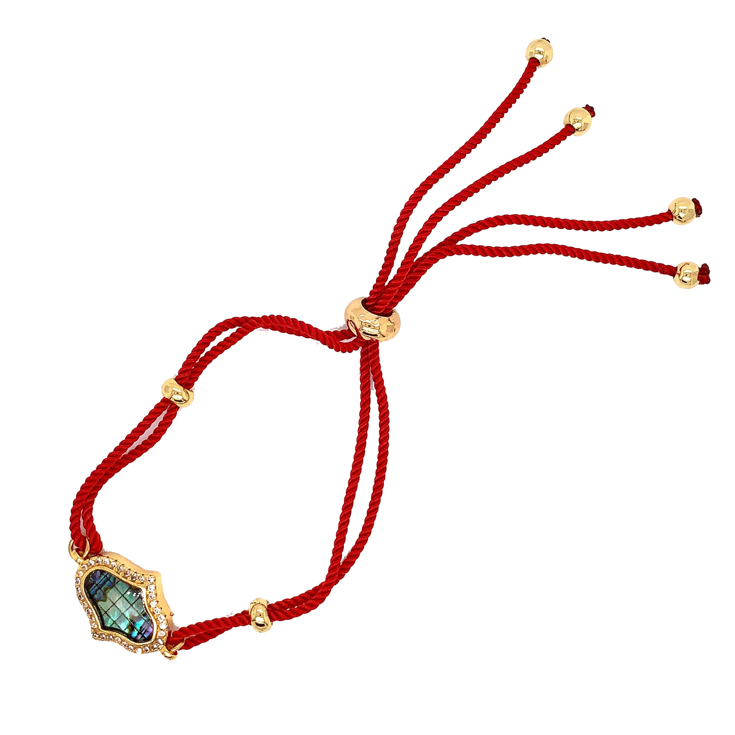 Red Macrame with Abalone Hamsa Bracelet - Gold Plated