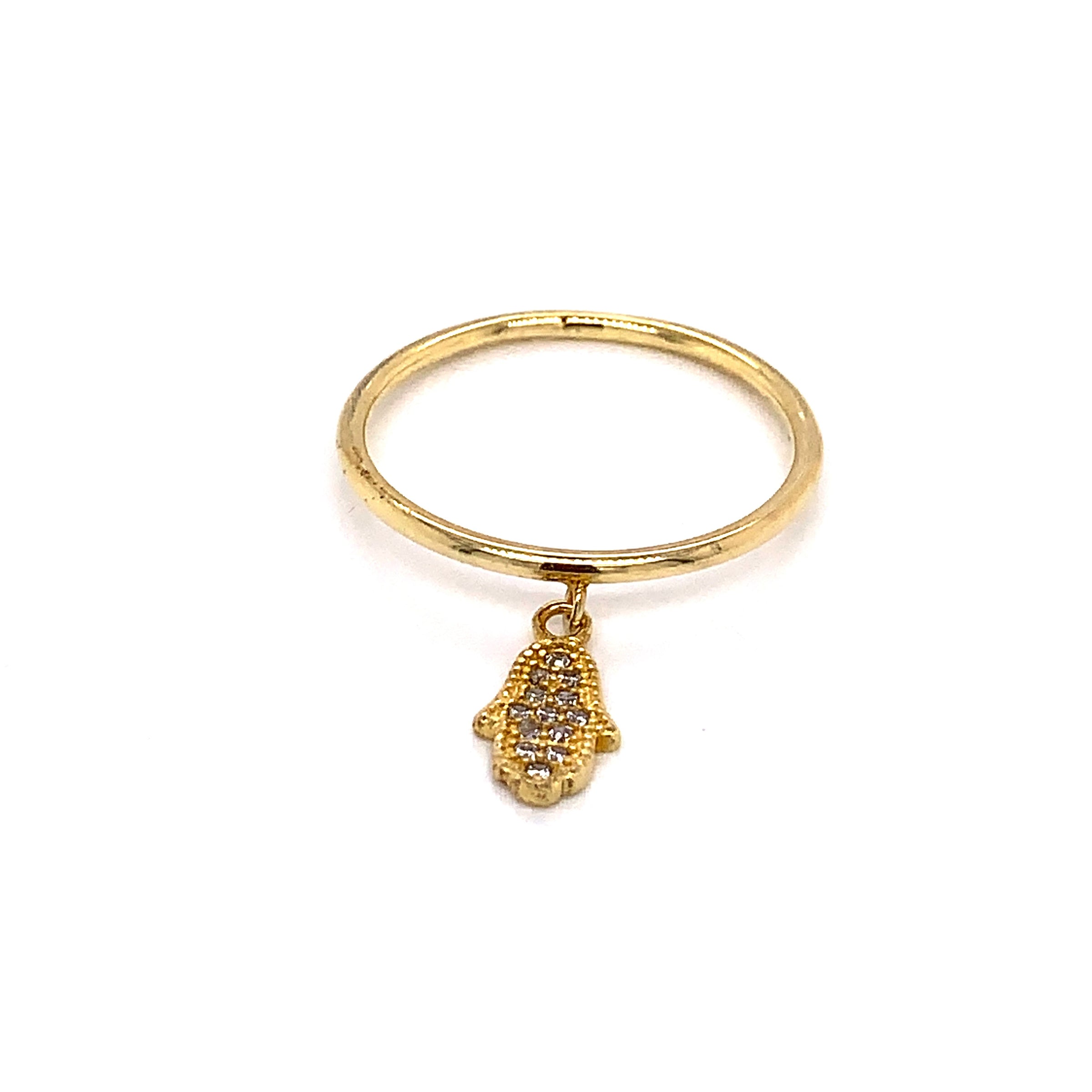 CZ Hanging Hamsa Ring - Gold Plated