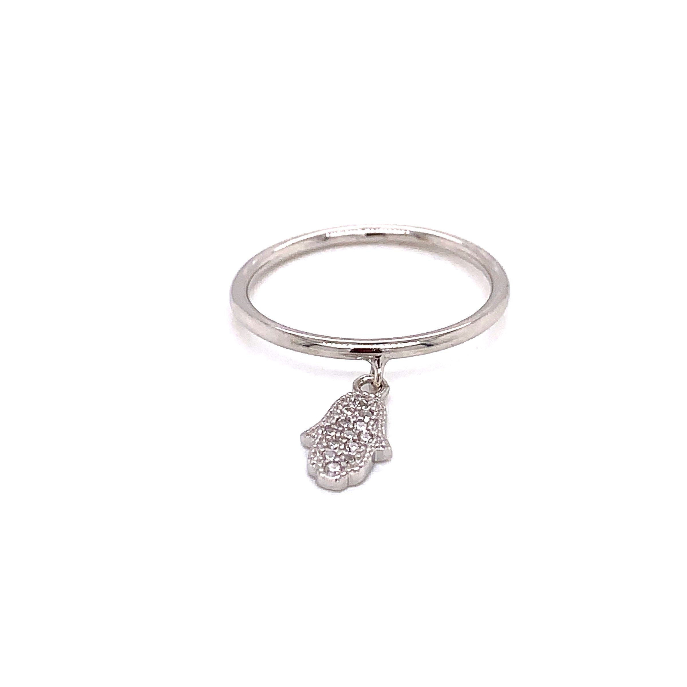 CZ Hanging Hamsa Ring - Silver