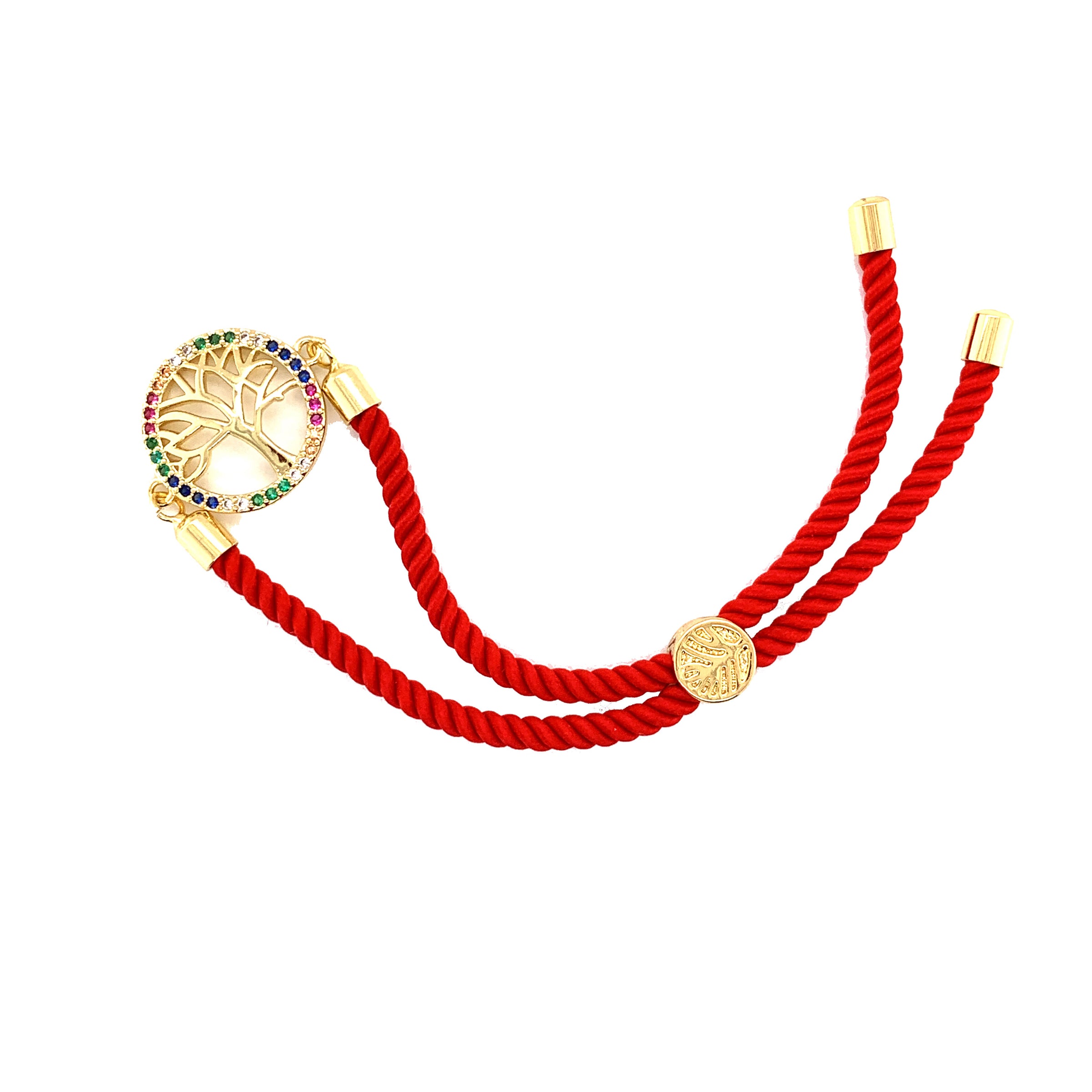CZ Tree of Life Red Macrame Bracelet - Gold Plated