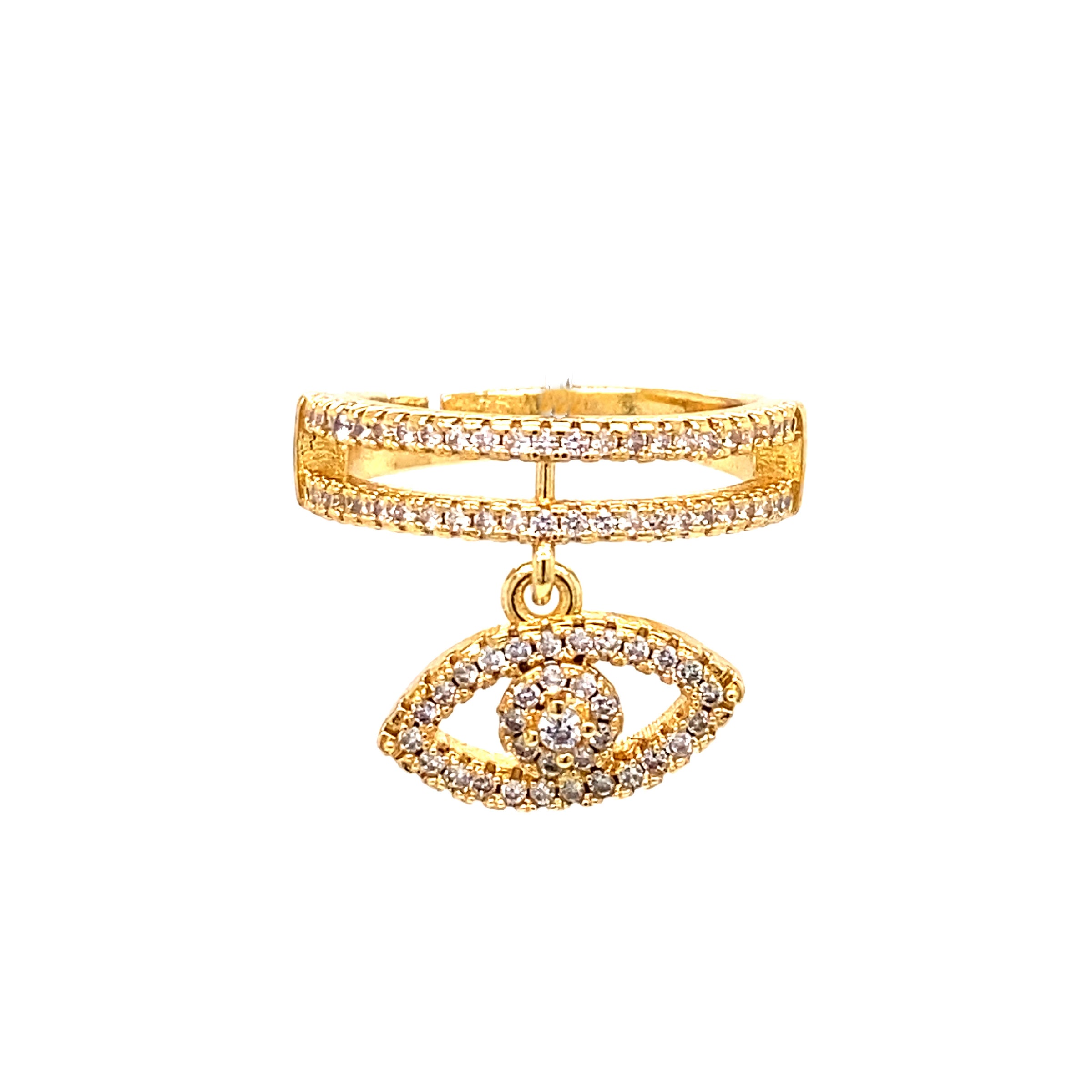CZ Adjustable Dangling Lucky Eye Ring - Gold Plated