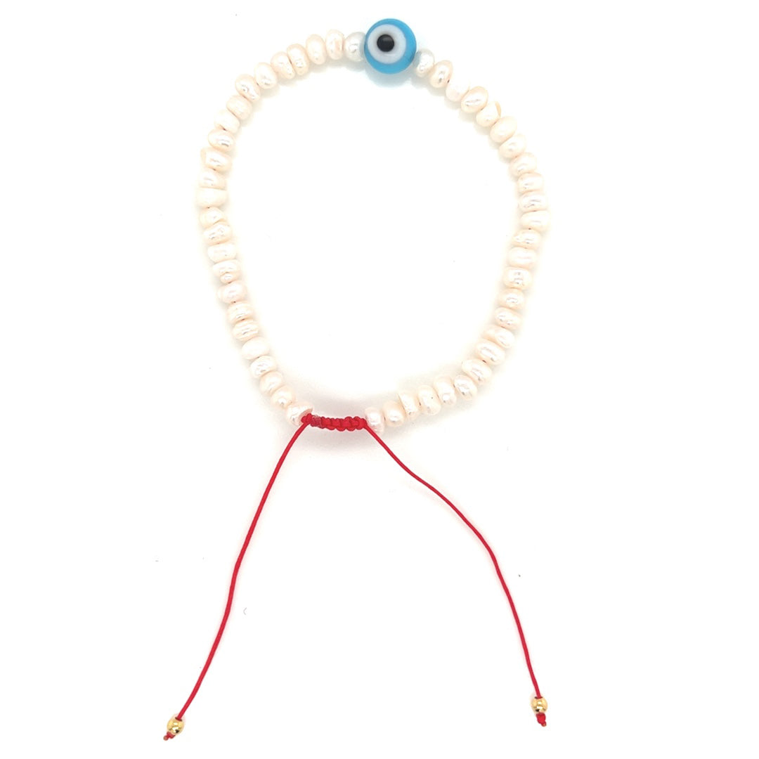 Mini Pearl with Evil Eye Macrame Adjustable Bracelet