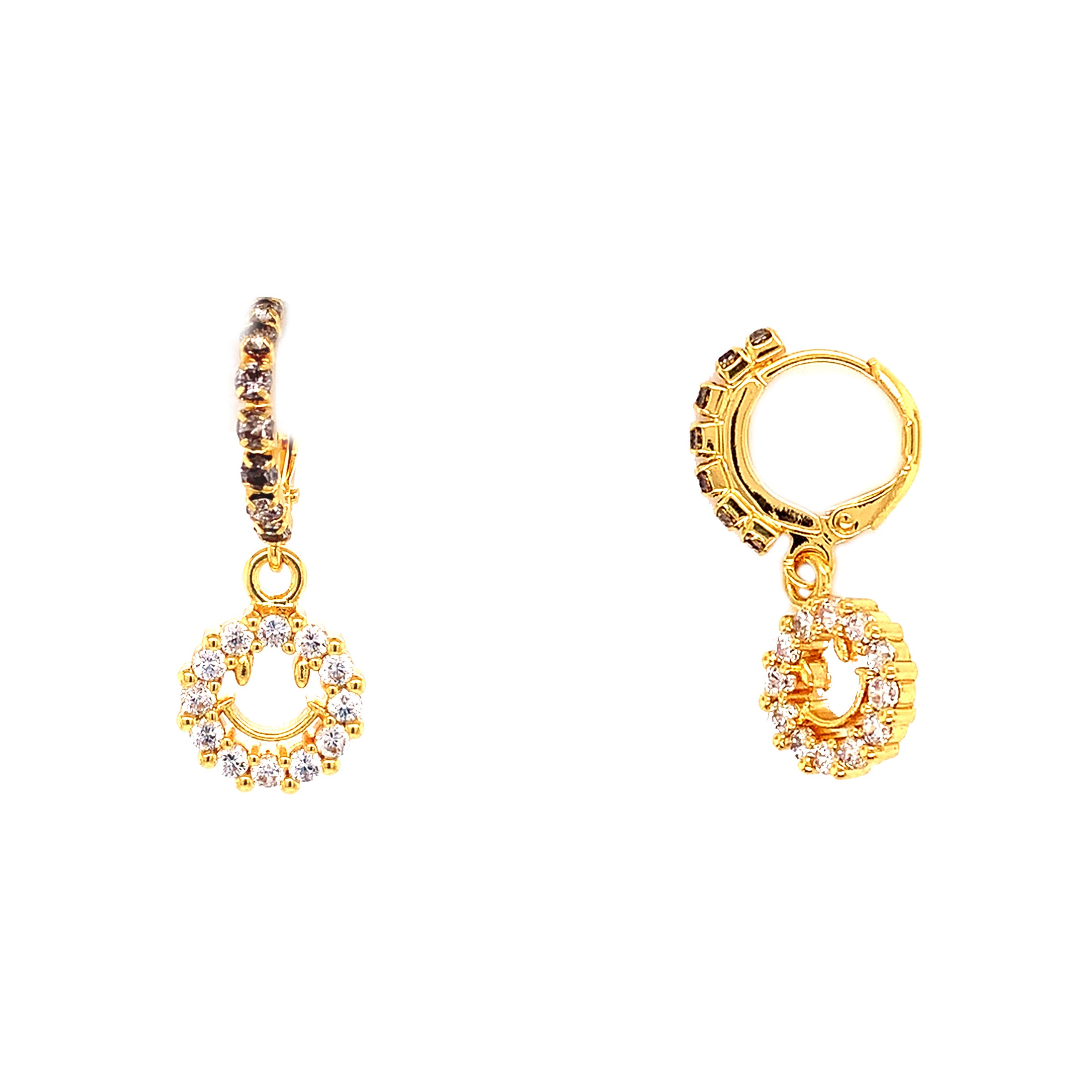 CZ Dangling Smiley Charm Hoops - Gold Filled