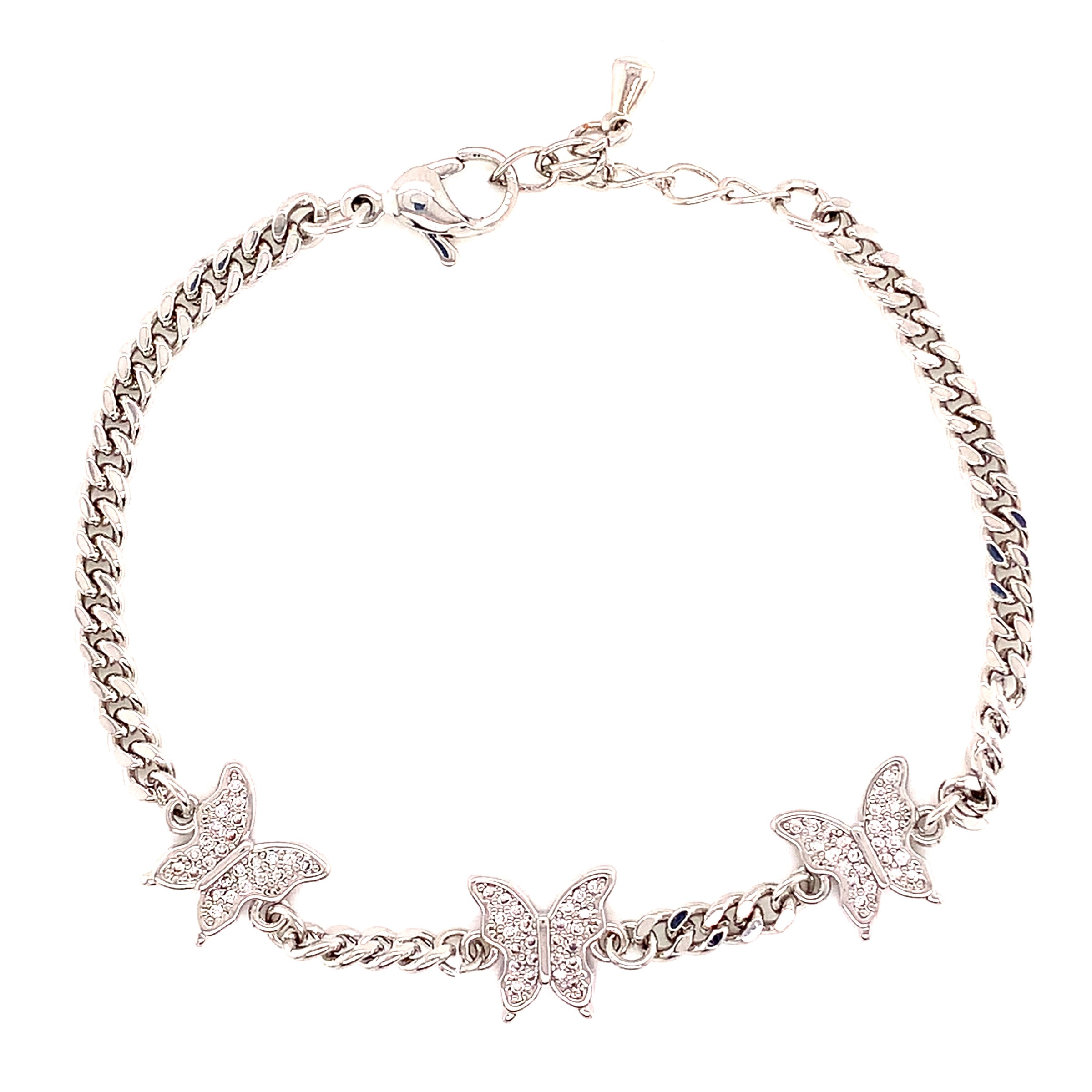 Curb Bracelet with CZ Butterfly Accents - Silver Plated