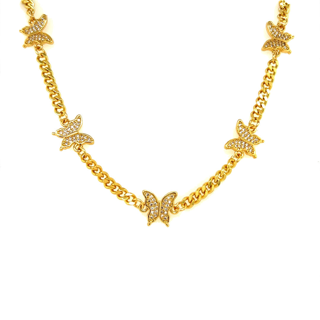 Curb Link Chain with CZ Butterfly - Gold Plated