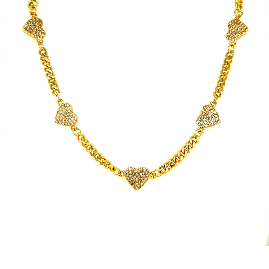 Curb Link Chain with Multi CZ Heart Accents - Gold Plated