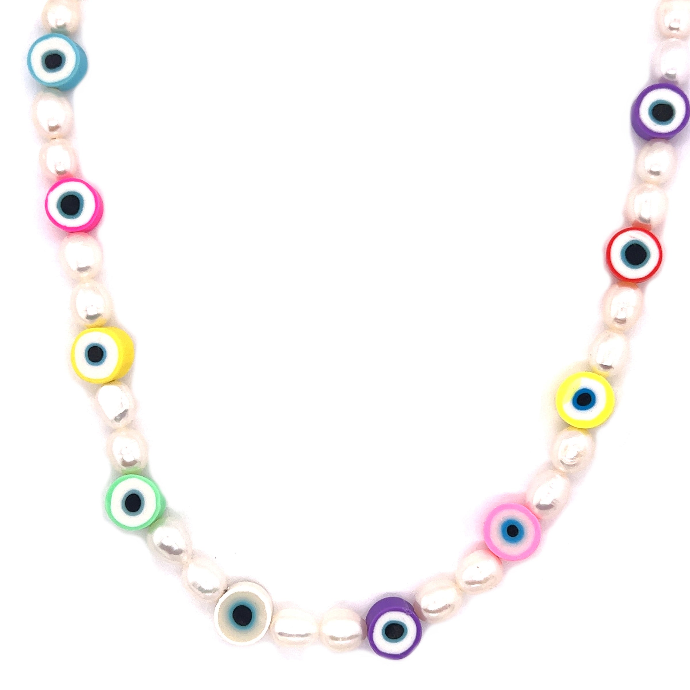 16" Freshwater Pearl & Evil Eye Necklace with 2" Extension