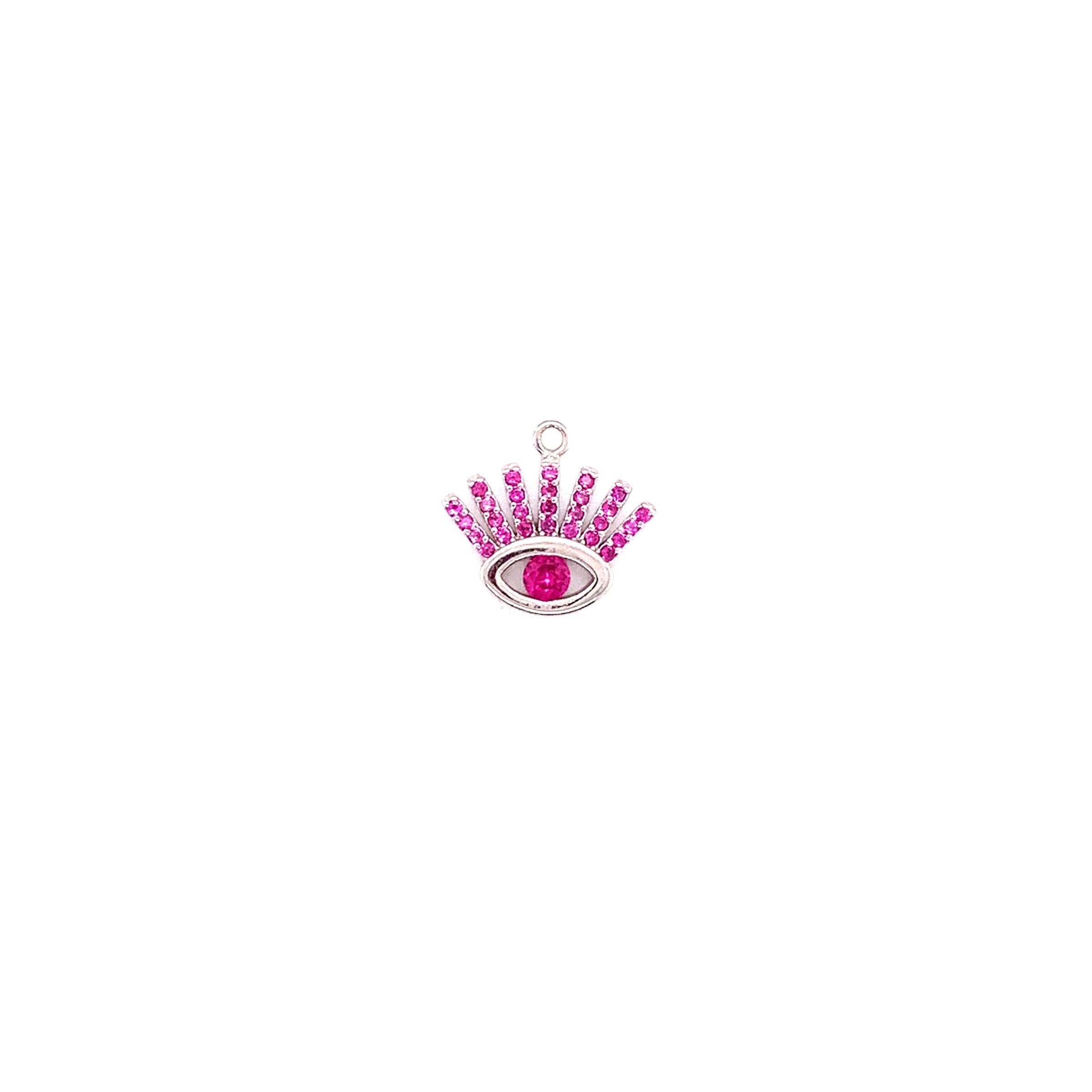 Pink CZ Center Eye With Lashes Charm - Silver